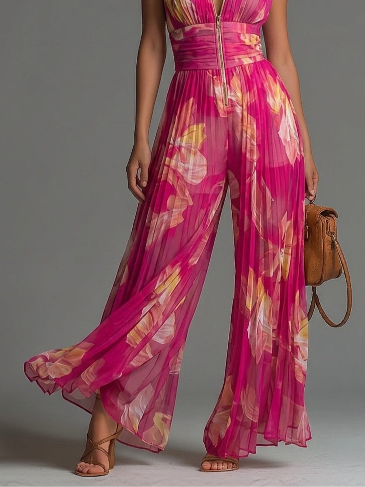 Fuchsia Floral Pleated Jumpsuit