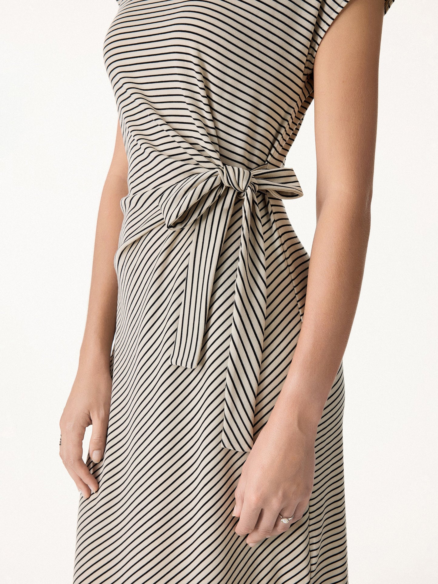 Striped Relaxed Midi Dress with Self-Tie