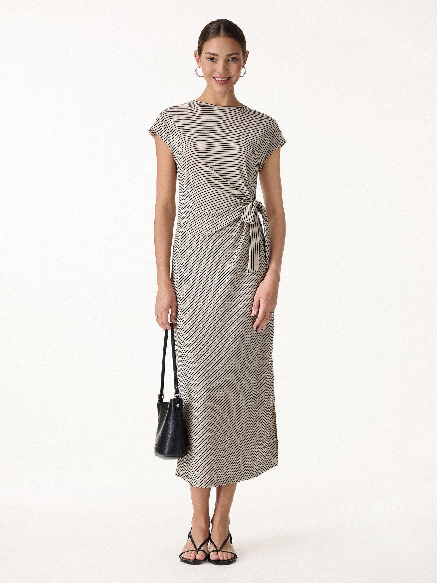 Striped Relaxed Midi Dress with Self-Tie