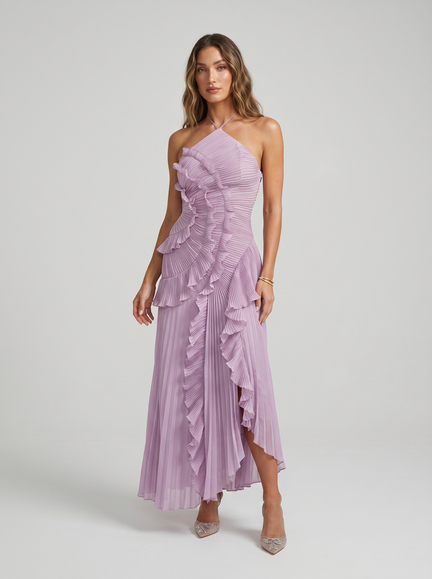 Long pleated dress with ruffles