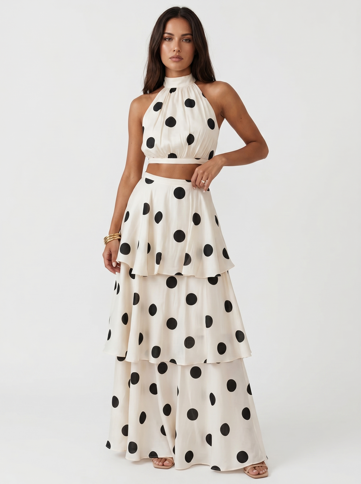 Polka-dot top and long skirt set