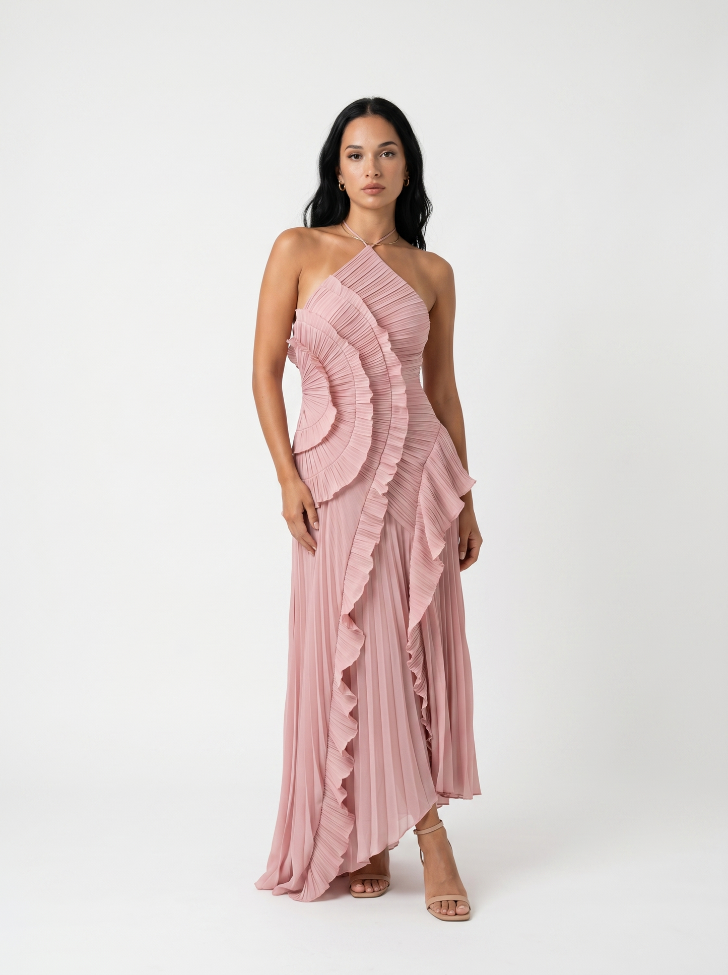 Long pleated dress with ruffles
