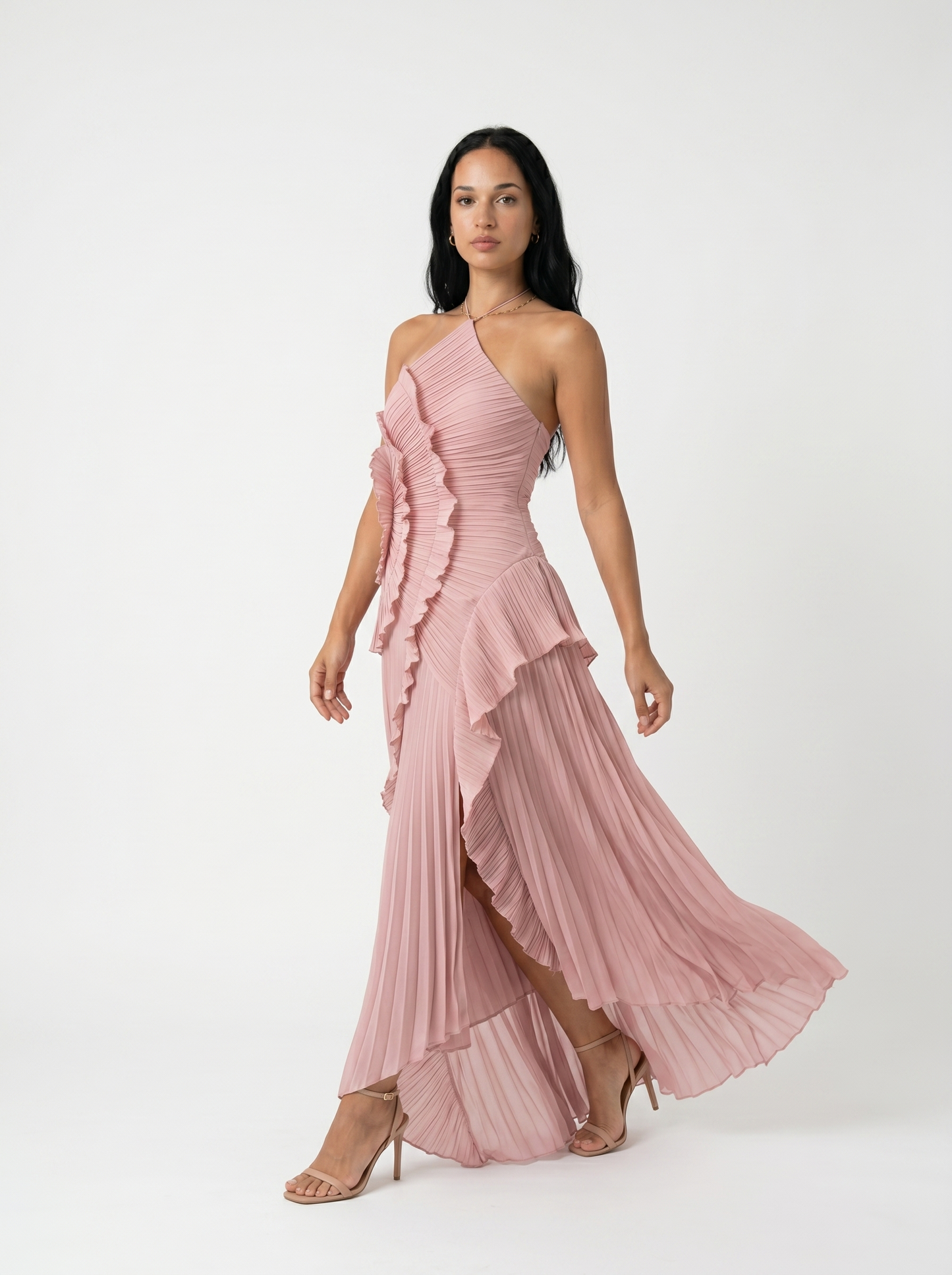 Long pleated dress with ruffles