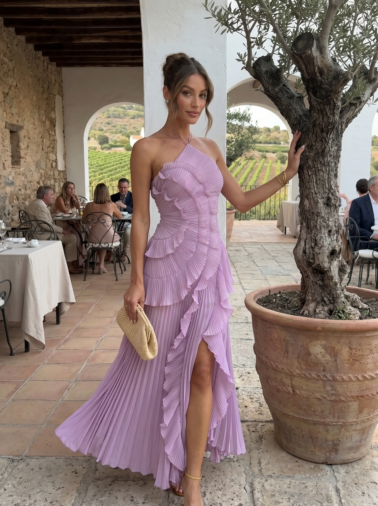 Long pleated dress with ruffles