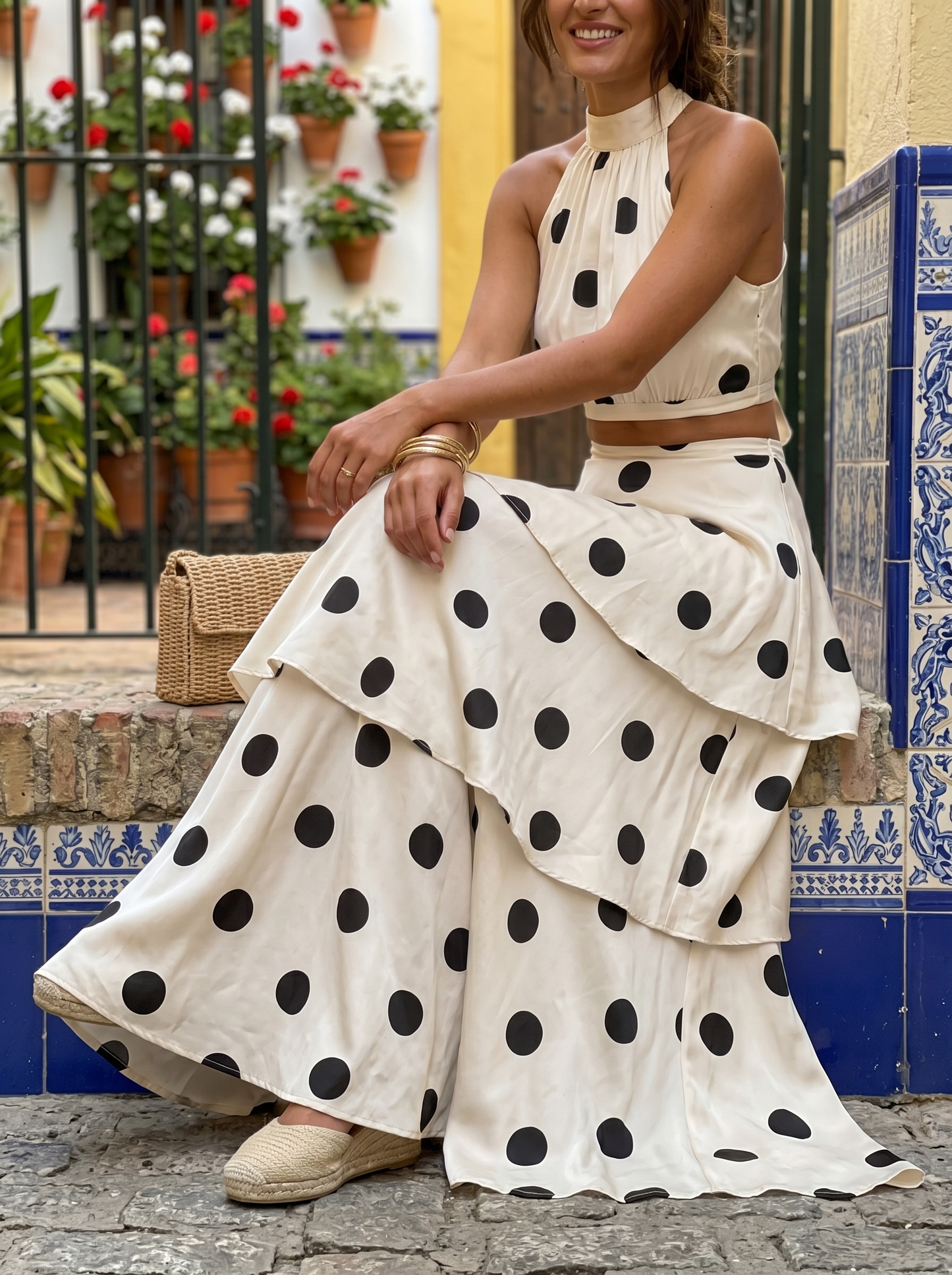 Polka-dot top and long skirt set