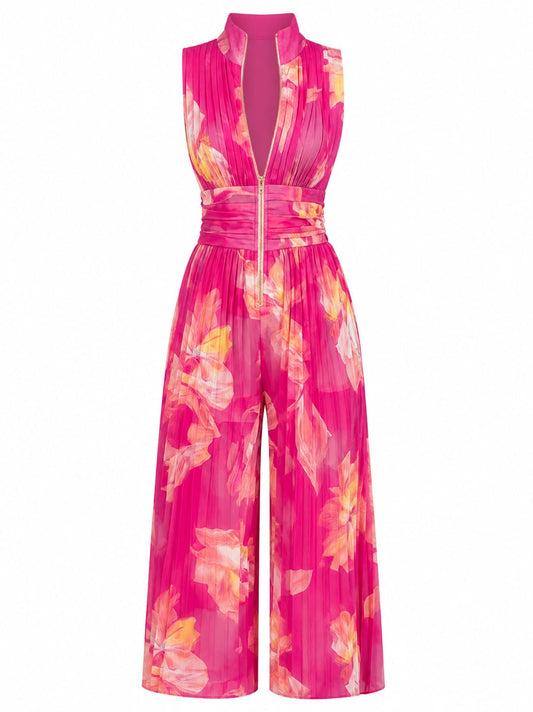 Fuchsia Floral Pleated Jumpsuit