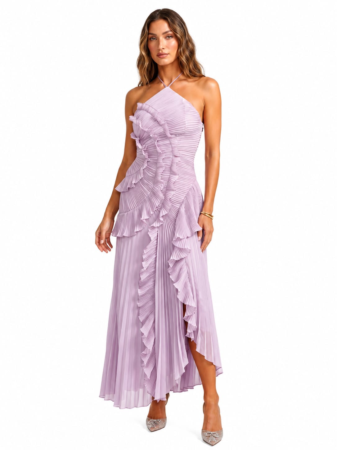 Long pleated dress with ruffles