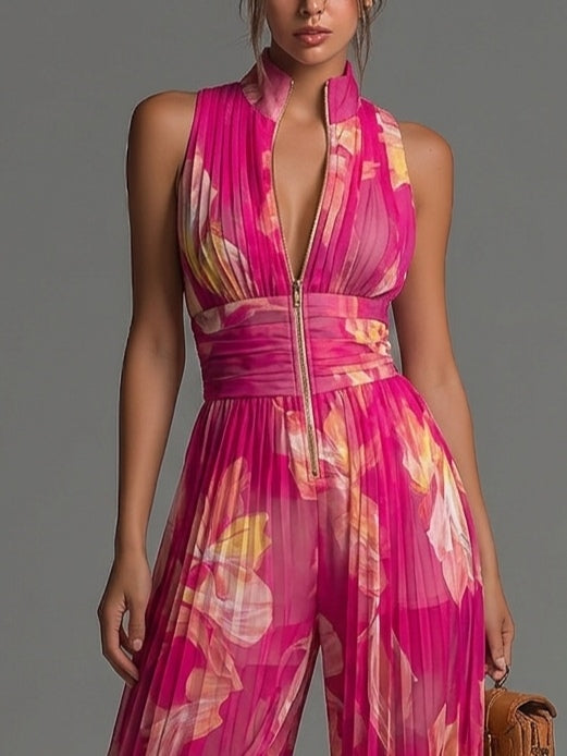 Fuchsia Floral Pleated Jumpsuit
