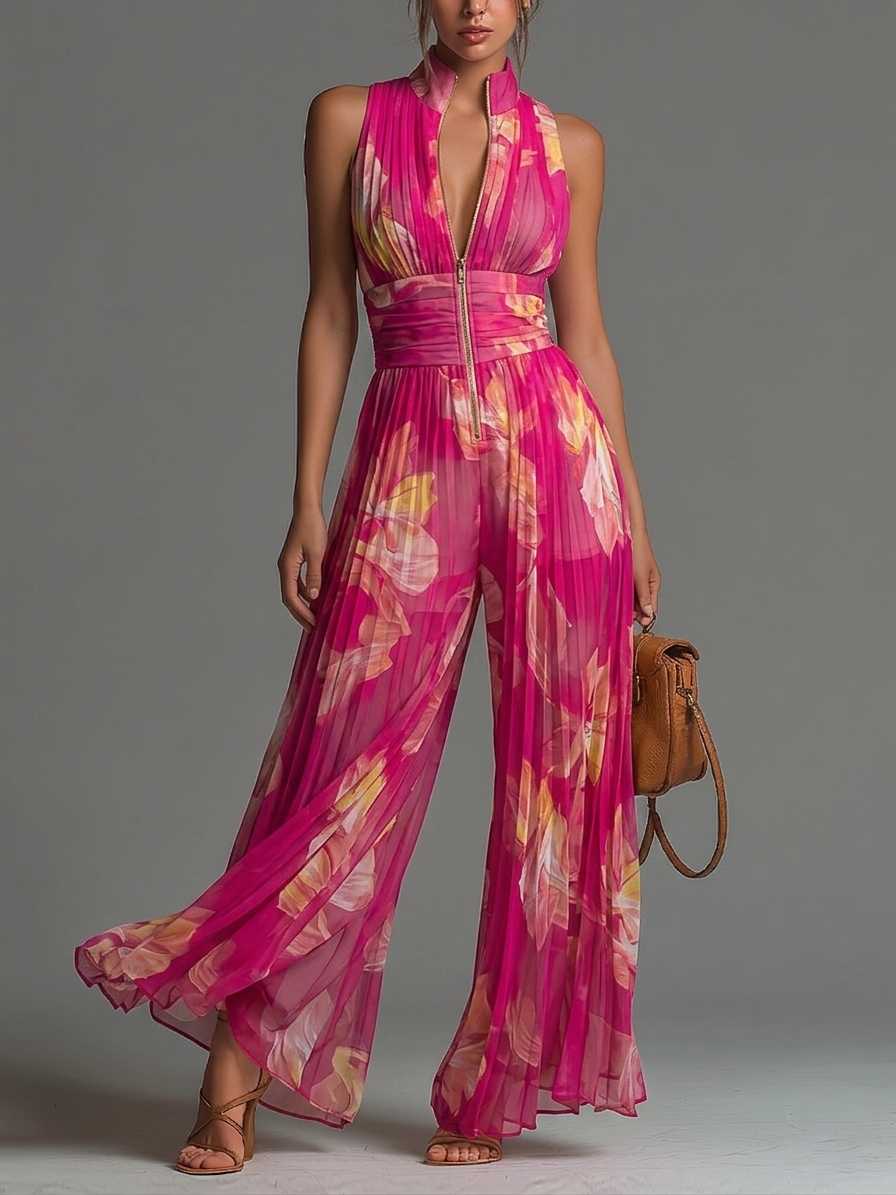 Fuchsia Floral Pleated Jumpsuit