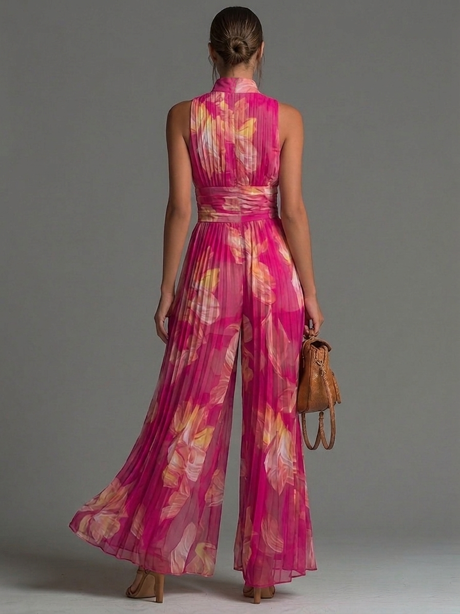 Fuchsia Floral Pleated Jumpsuit