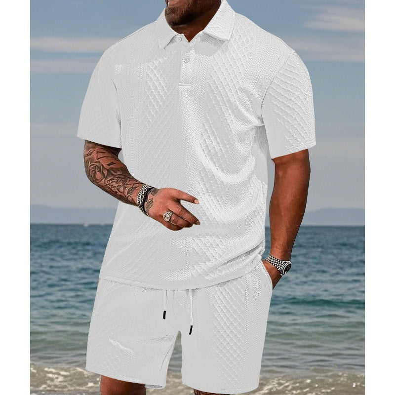 Men's 2-piece set with a diamond print: short-sleeve crew-neck T-shirt and shorts with an adjustable drawstring