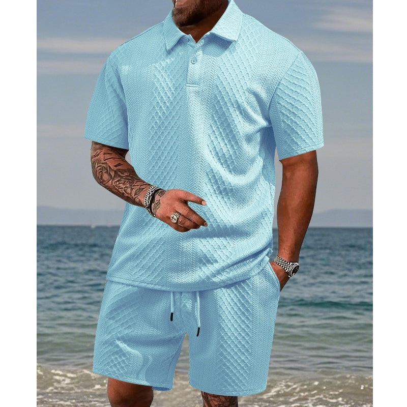 Men's 2-piece set with a diamond print: short-sleeve crew-neck T-shirt and shorts with an adjustable drawstring