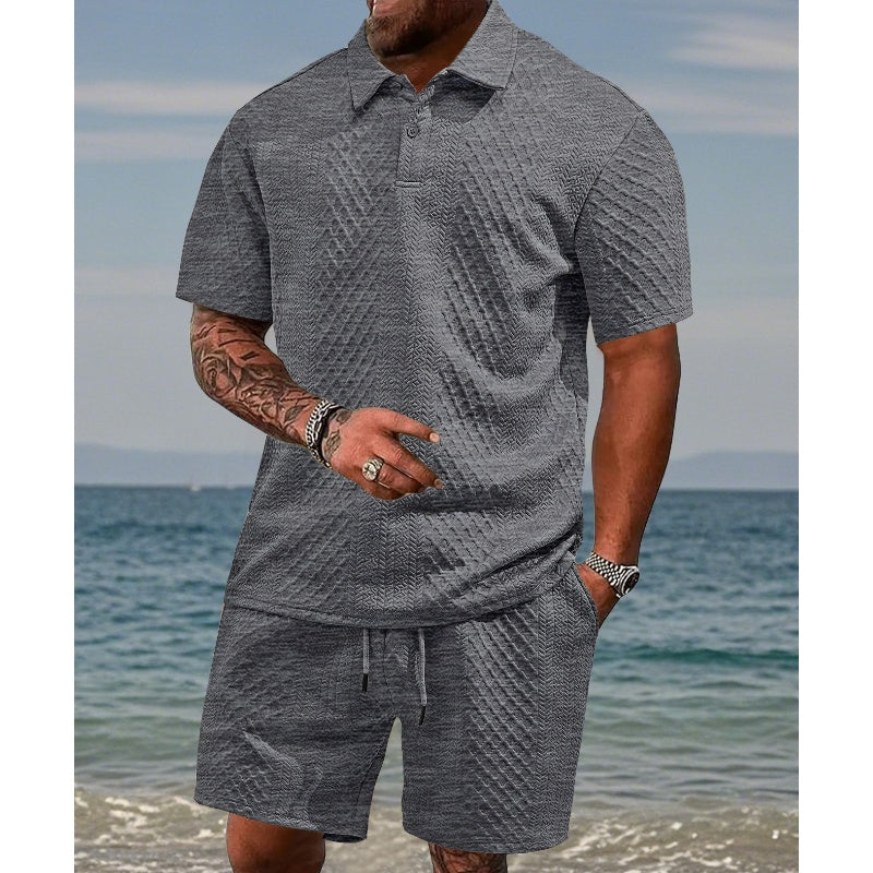Men's 2-piece set with a diamond print: short-sleeve crew-neck T-shirt and shorts with an adjustable drawstring