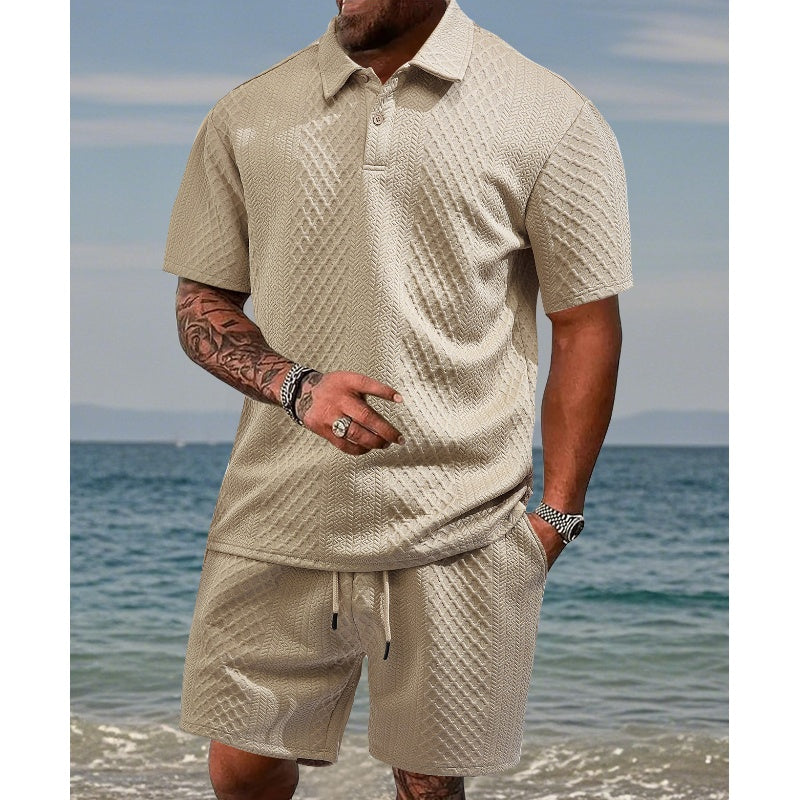 Men's 2-piece set with a diamond print: short-sleeve crew-neck T-shirt and shorts with an adjustable drawstring
