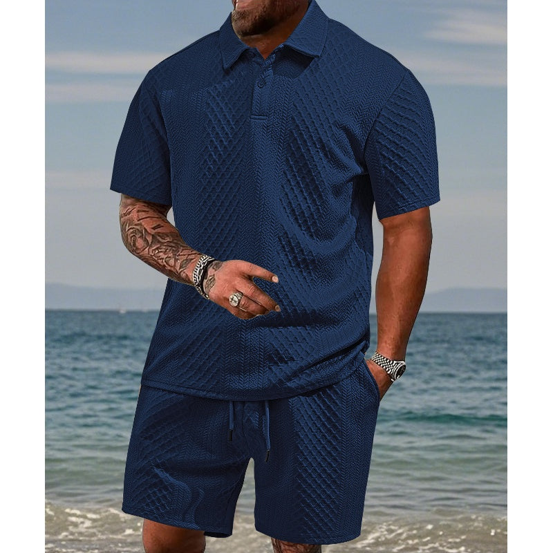 Men's 2-piece set with a diamond print: short-sleeve crew-neck T-shirt and shorts with an adjustable drawstring