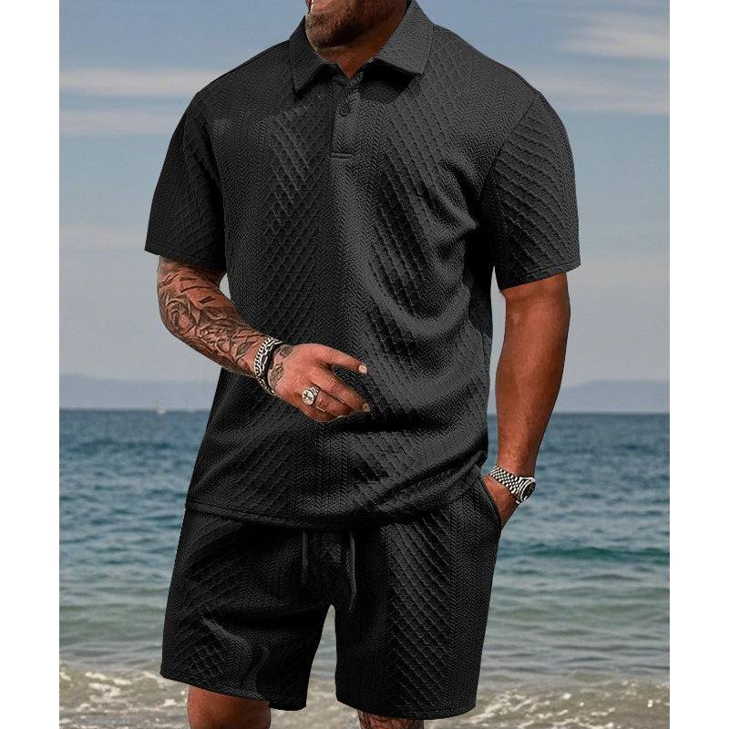 Men's 2-piece set with a diamond print: short-sleeve crew-neck T-shirt and shorts with an adjustable drawstring