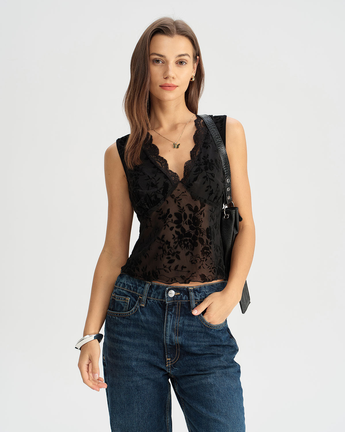 elegant black Lace V-Neck Top